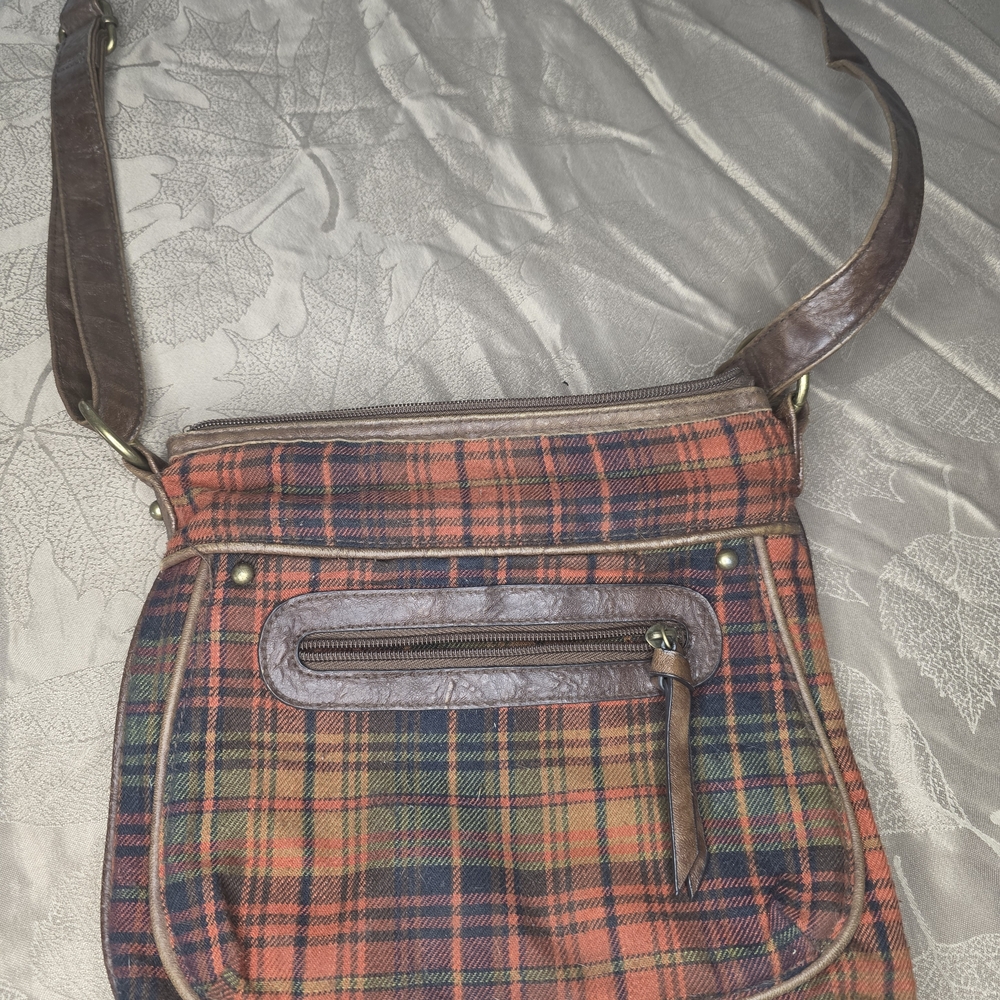 Elegant Plaid Crossbody Bag with Brown Trim